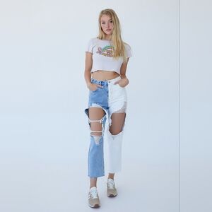 PacSun Tow Tone Distressed High Rise Waist Straight Leg Jeans Denim Women 28